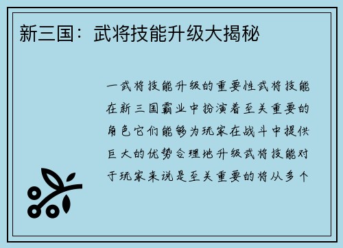 新三国：武将技能升级大揭秘