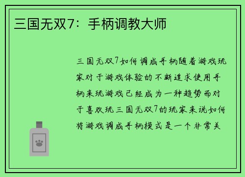 三国无双7：手柄调教大师