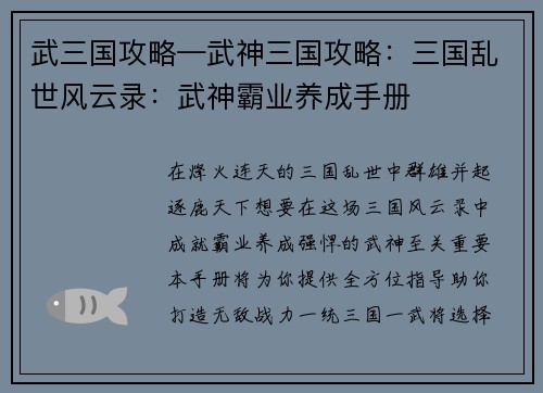 武三国攻略—武神三国攻略：三国乱世风云录：武神霸业养成手册